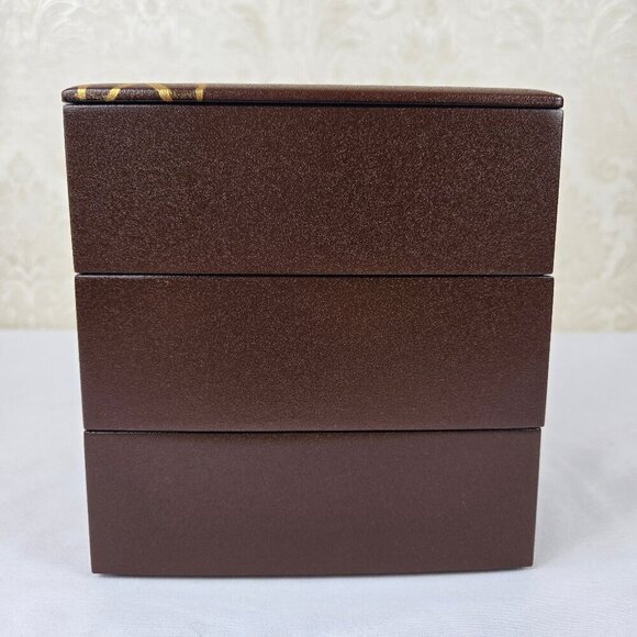 Japanese Jubako Stacked Box Brown w/Red Lacquer Interior Bunnies and Flowers - Picture 3 of 15